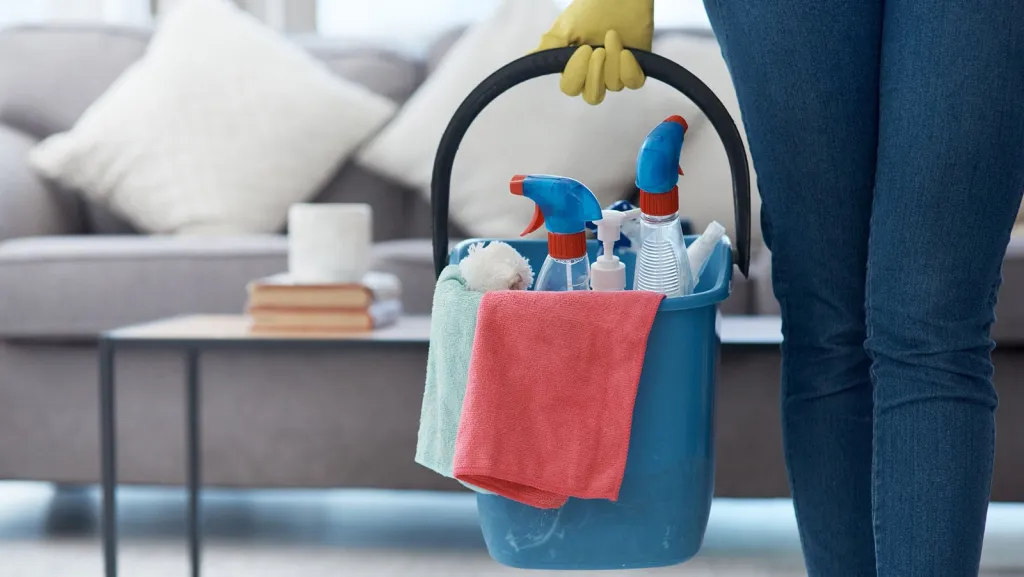 cleaning tools being carried in a basket