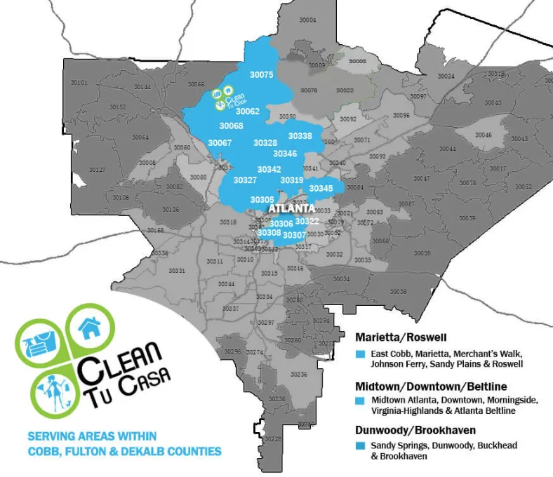 Map of Clean Tu Casa available services zip codes in blue