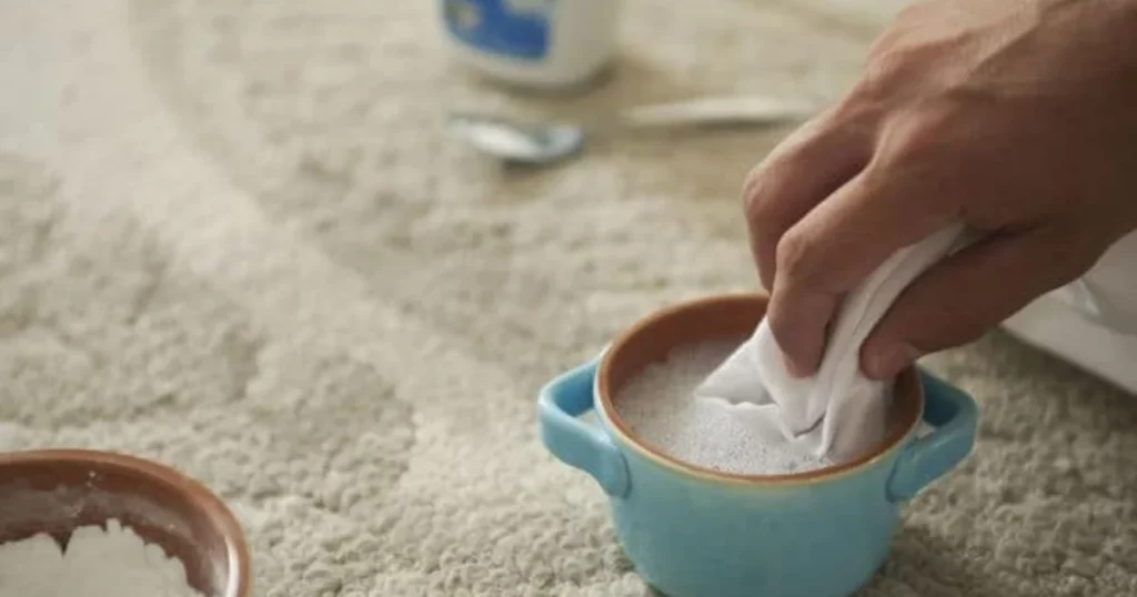woman using baking powder for carpet cleaning