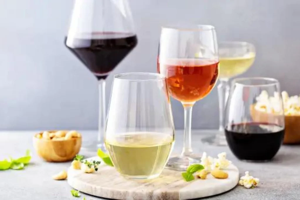two wine glasses with stems and two wine glasses without stems with different colors of wine inside them