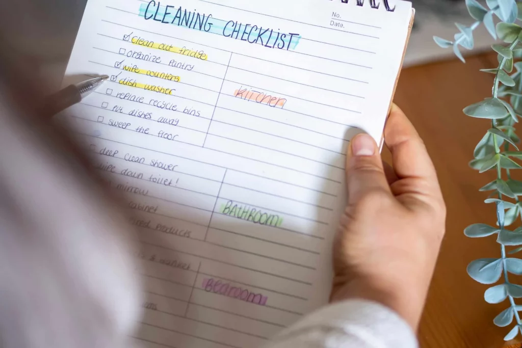 how long does it take to spring clean: woman holding a spring cleaning checklist